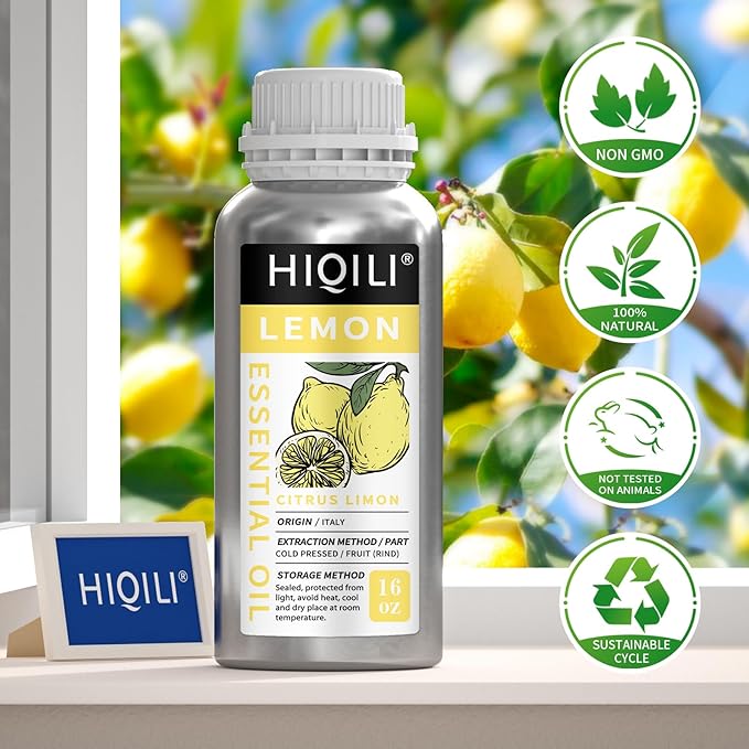 HIQILI Lemon Essential Oil for Cleaning, Degreasing & Household Use, Skin Care, Aromatherapy, Diffuser - 16 Fl Oz