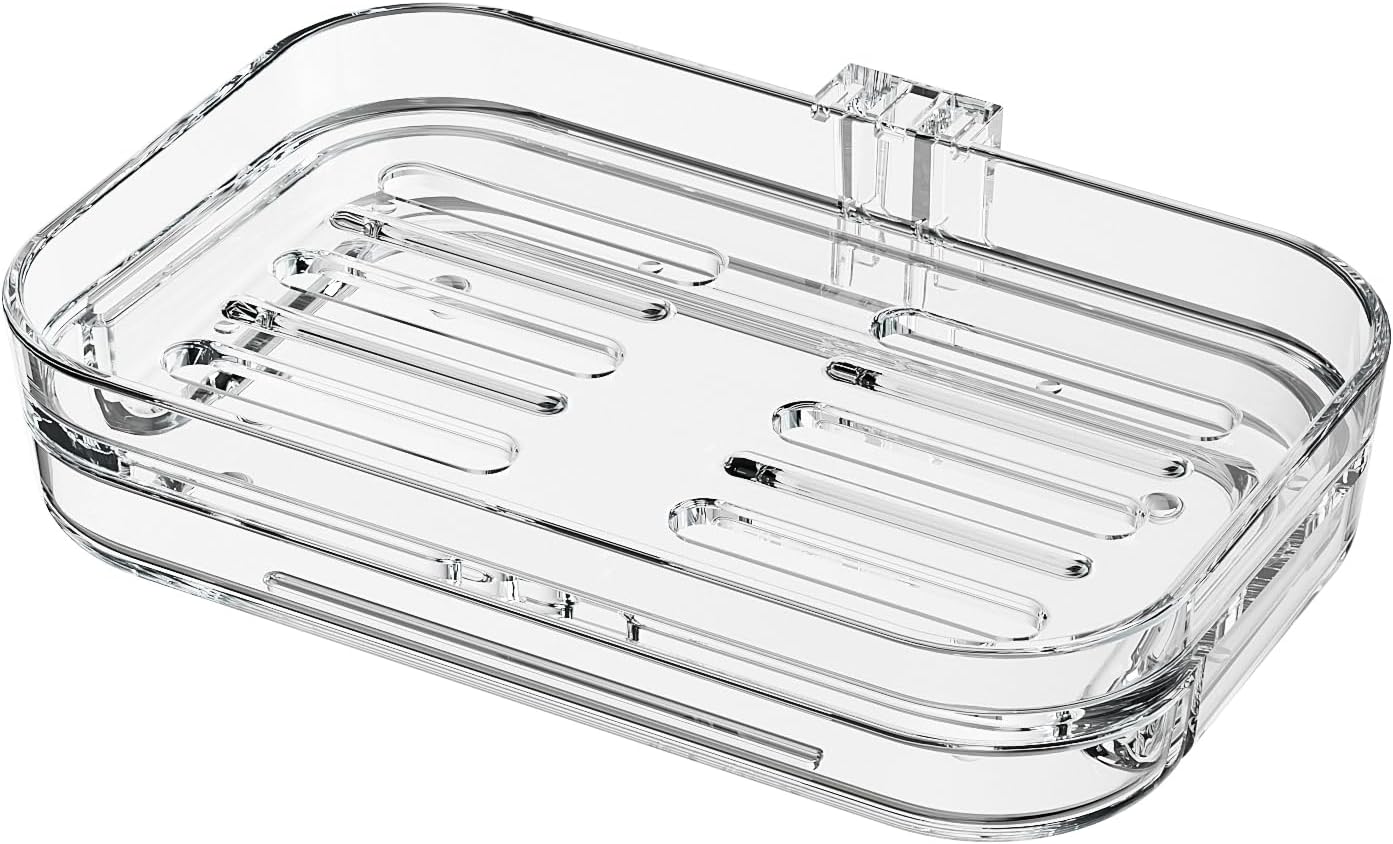 Soap Dish for Shower Clear Acrylic Soap Holder with Self-Draining Design No Drilling Required Strong Fixation for RV Bathroom and Kitchen Easy to Clean and Space Saving(2pack Suction Cup)