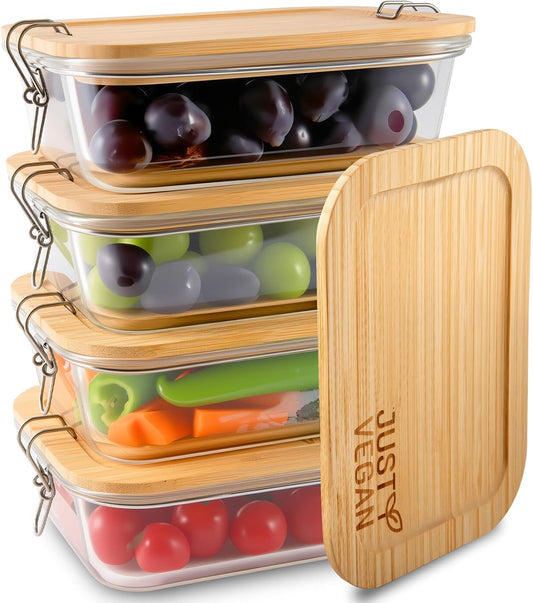 Airtight Glass Food Storage Containers with Bamboo Lids, Set of 4 Secure-Seal Containers for Meal Prep, 100% Leakproof, Plastic Free, Oven & Microwave Safe (4 Pack)