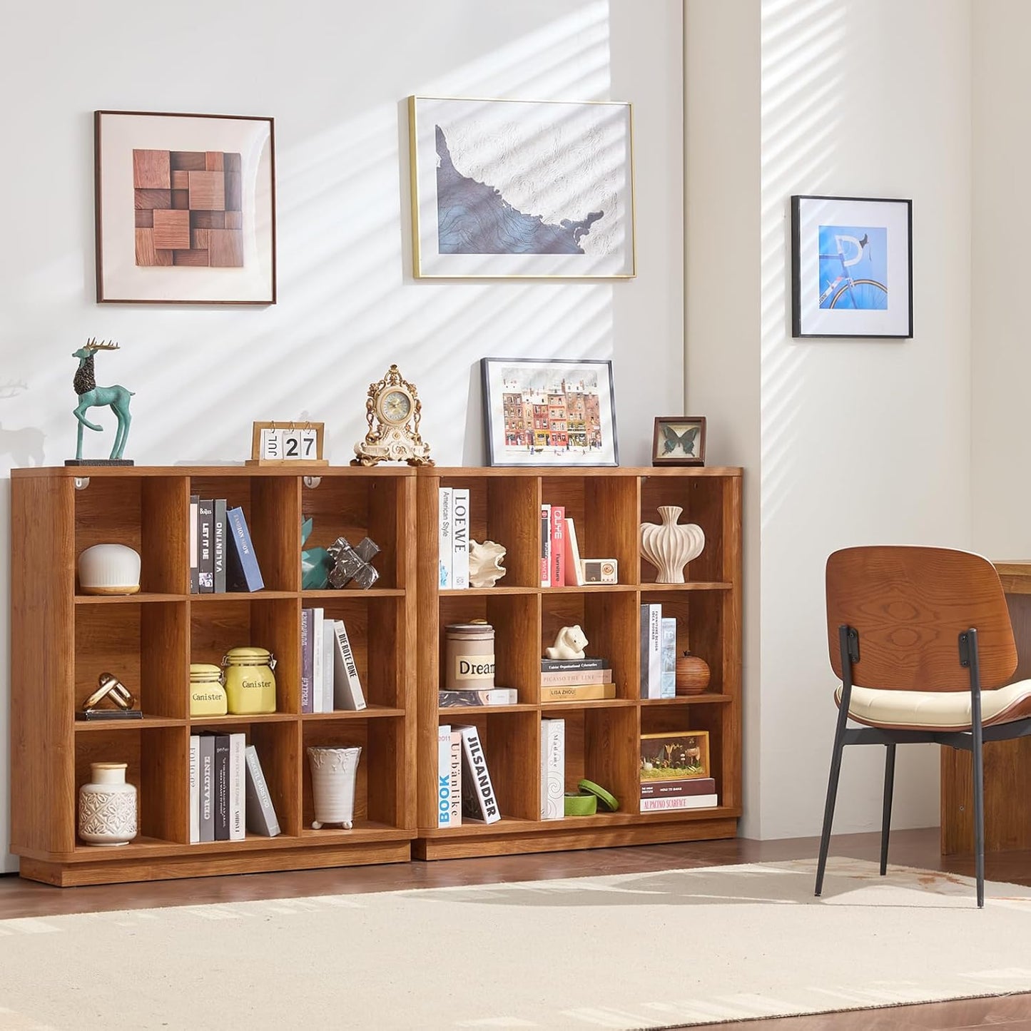 9 Cube Storage Book Shelf, 41" Tall Organizer Bookshelf with Curved Edge, Wood Floor Standing 3-Tier Cubby Bookcase with Base, Country Rustic Display Book Case for Library, Office, Brown