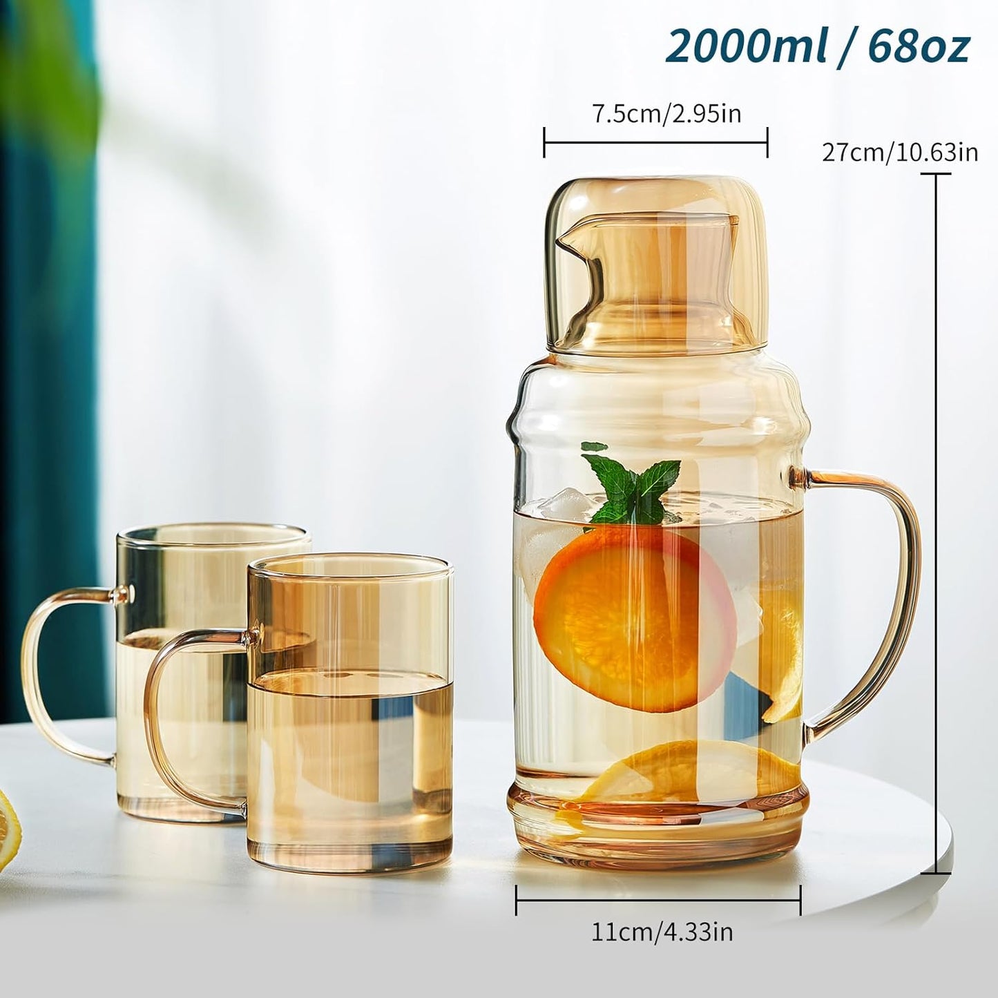 68OZ Glass Pitcher with Lid and Spout, Water Jug, 2000ml Carafe for Hot/Cold Water, Large Iced Tea Pitcher for Coffee, Juice and Homemade Beverage, Champagne