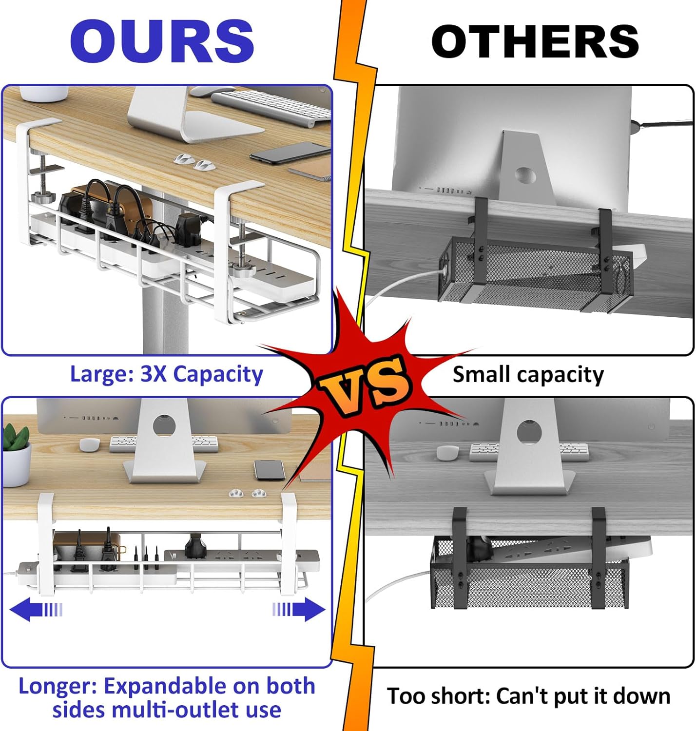 Under Desk Cable Management Tray, 31.5'' No Drill Steel Cable Tray Organizers, Wire Management Tray Cable Rack with Clamp Mount, Metal Under Desk Tray with Wire and Cord Organizer (White, 1 Pack)