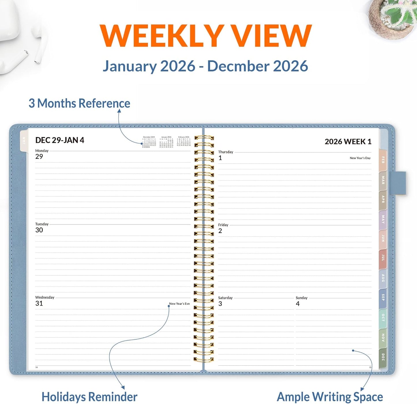 SUNEE 2026 Weekly & Monthly Planner 9"x11.2"- 12 Month (January 2026 - December 2027), Vegan Leather Cover, Pocket, Bookmark, Notes, Monthly Tab, Gay Blue