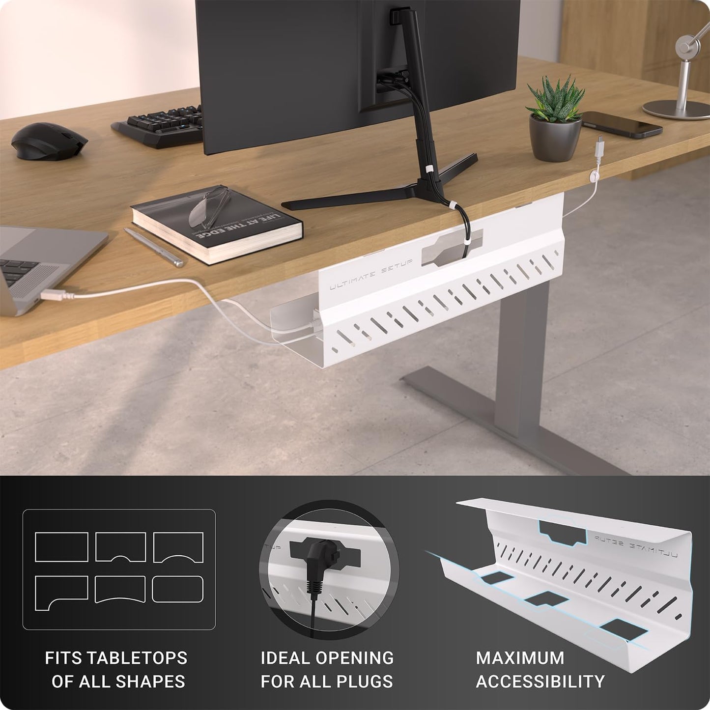 Under Desk Cable Management Tray no Drill – Wire Management - Cord Organizer – Huge Load Capacity – Under Desk Cable Tray no Drill (White, 1 Piece Set)