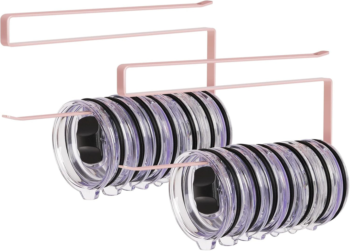 2 Pack Tumbler Lid Organizer, Horizontal Tumbler Lid Storage Hook to Hold Up 20 Lids, Space Saving Cup Lid Holders Under Cabinet Tumbler Lid Hook for Kitchen Organizer, Paper Towel Rack Hanger (Pink)