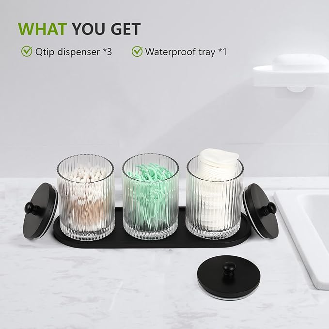 3 Pack Qtip Holder - Bathroom Organizers and Storage, Cotton Round Holder Floss Pick Cotton Ball Swab Holder with Tray, Glass Apothecary Jars with Lids Container Set -sw clear b