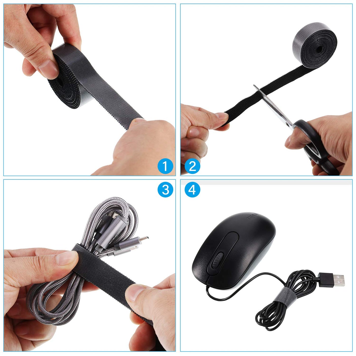 WILLBOND 3/4 Inch x 90ft Fastening Tape Cable Ties Reusable Fastening Nylon Tape Double Side Hook Roll Hook and Loop Straps Wires Cords Management Wire Organizer Straps (Black)