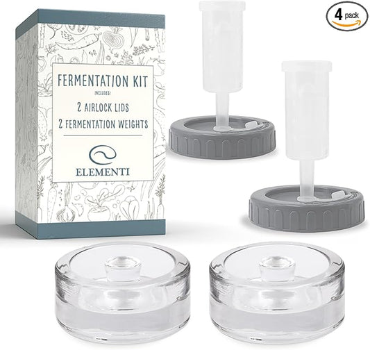 Elementi Fermentation Kit - Set of 2 Glass Easy Grip Fermentation Weights & Mason Jar Fermentation Lids for Wide Mouth Mason Jars - Sauerkraut, Pickling & Fermenting Kit (Grey)