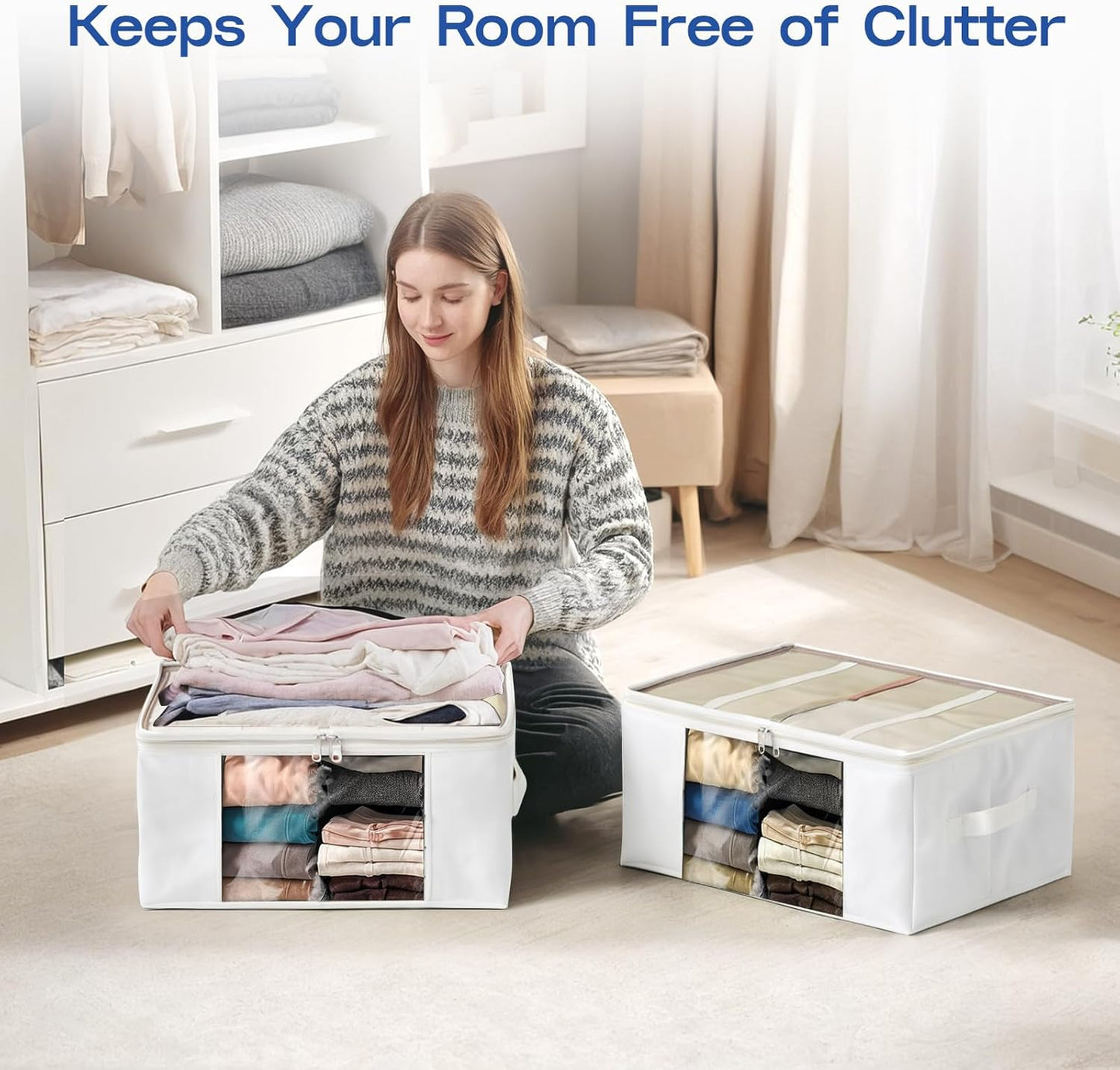 Clothes Storage Bags, Foldable Thick Fabric Blanket Storage Bags, Large Clear Window & Carry Handles, Great for Clothes, Blankets, Closets, Pillows, Toys (White, 4PACK)