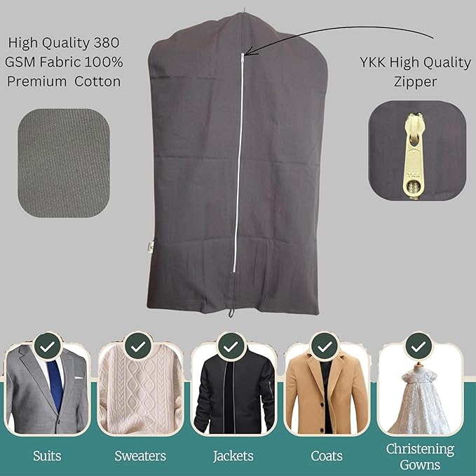 Premium 100% Cotton Garment Bags – 60" Gray Canvas Suit Cover with YKK Zipper – Breathable, Dust-Proof Storage for Suits, Coats, Dresses, Jackets & Travel/Closet Use
