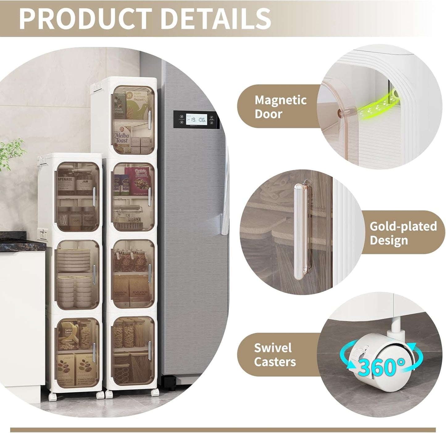 KHNR 3-Tiers Slim Bathroom Storage Cabinet, Foldable Storage Cabinets,Narrow Bathroom Storage,Movable Bathroom Storage Organizer for Small Spaces,Bathroom,Kitchen,Laundry,White