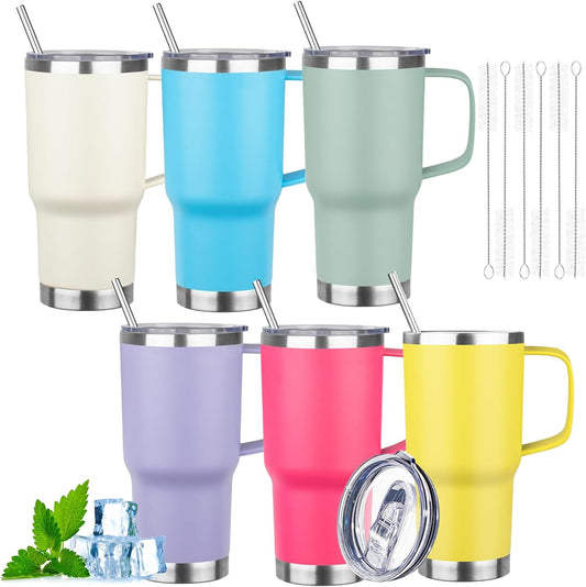 20oz Insulated Tumbler with Handle Stainless Steel Travel Coffee Mug with Lid and Straw Double Wall Vacuum Leak-proof Reusable Thermal Water Cup for Hot and Cold Drinks (Multicolor-7,6 Pack)