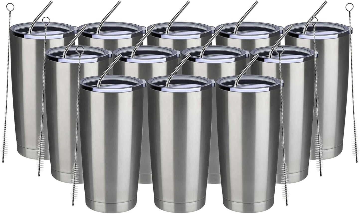 MEWAY 20oz Tumbler 12 Pack Double Wall Vacuum Insulated Travel Mug Bulk, Stainless Steel Tumblers with Lid and Straw, Durable Powder Coated Coffee Cups for Cold & Hot Drinks (Silver, 12)