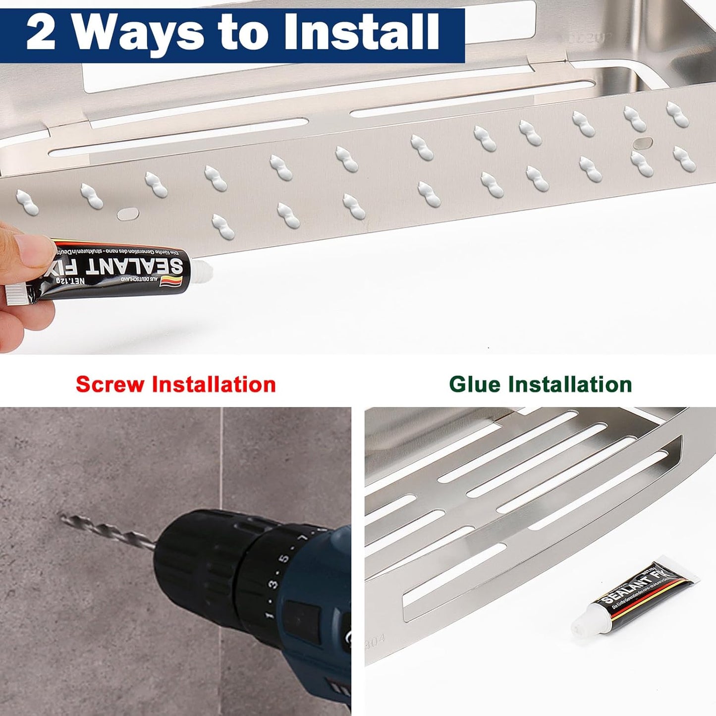 NearMoon Bathroom Shower Caddy 2 Pack, No Drill 304 Stainless Steel Shower Organizer with 2 Hooks (Shower Shelf, Brushed Nickel)