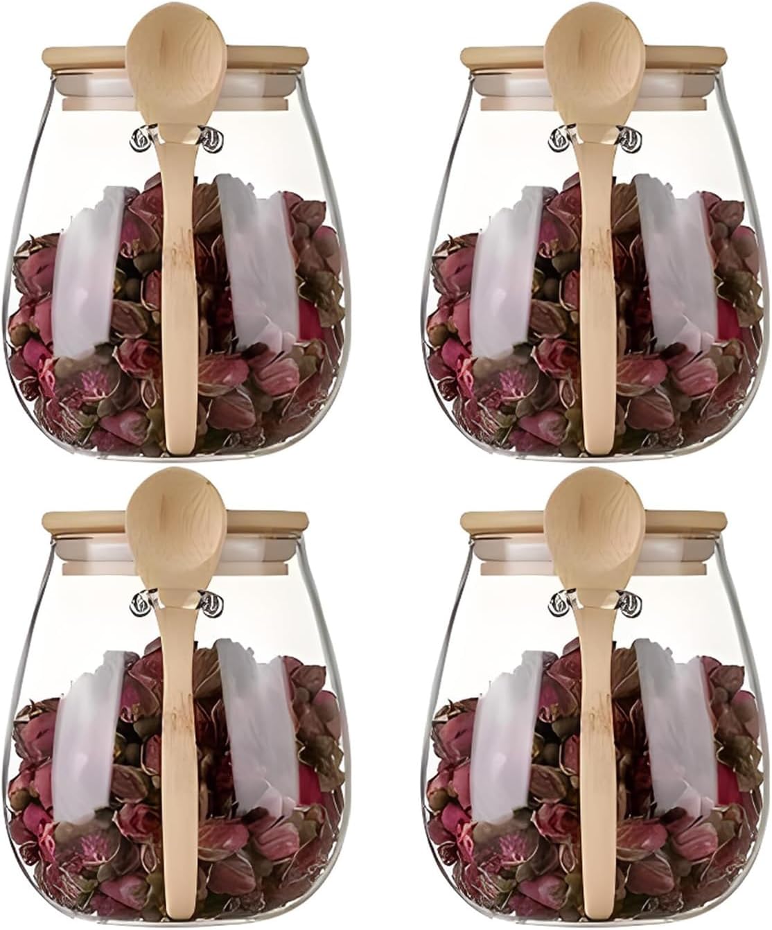 Airtight glass jar storage container with bamboo lid Set of 4, wide mouth, leak-proof, With a spoon, can be used for coffee beans, tea leaves, grains, dried fruits, etc (Middle*4pcs)