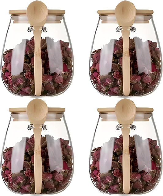 Airtight glass jar storage container with bamboo lid Set of 4, wide mouth, leak-proof, With a spoon, can be used for coffee beans, tea leaves, grains, dried fruits, etc (Middle*4pcs)