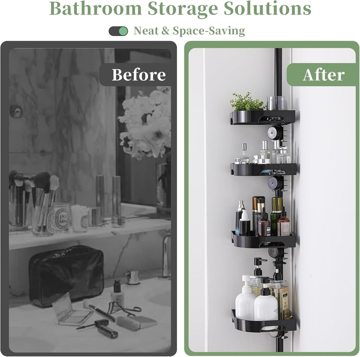 Tension Pole Shower Caddy Organizer with4 Tier L-Shaped Rust Resistant Bathroom Corner Shelves with 34-124 Inch Adjustable No Drilling Quick Install Shower Rack for Bath Essentials (Black)