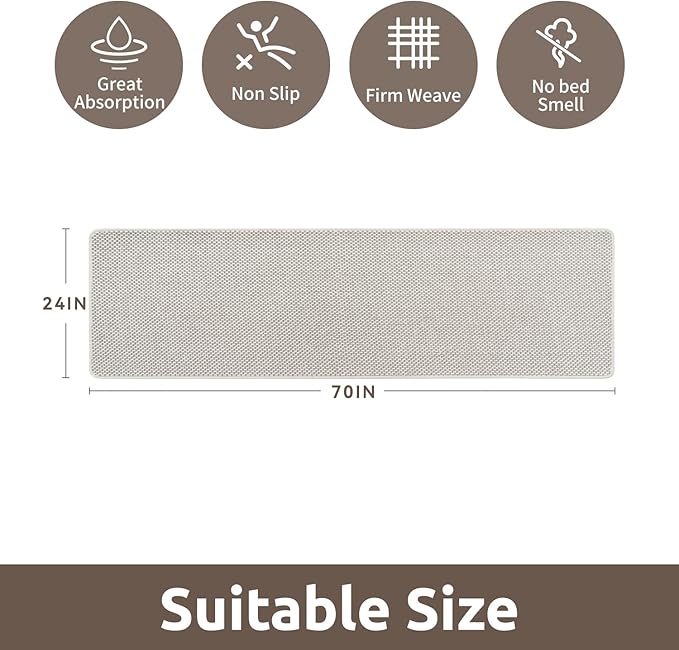 AMOAMI Chenille Bath Mat Super Absorbent Bathroom Mat Quick Dry Low Pile Bath Mats for Bathroom Washable Rubber Backed Bathroom Runners Fit Under Door, Front of Bathtub, Sink, Beige&White 24"x70"