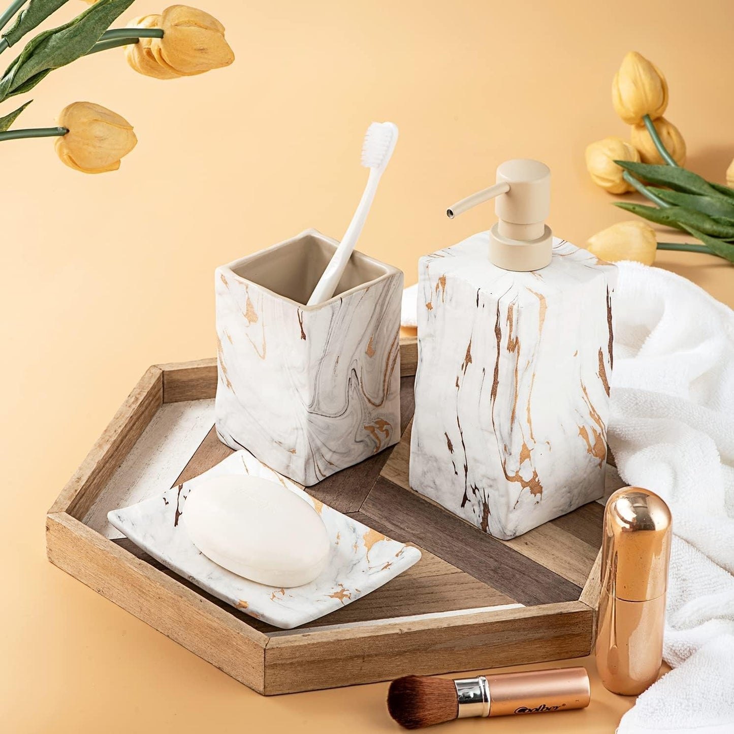 Bathroom Accessories Set 4 Pcs Marble Look Sets Toothbrush Holder Soap Dispenser Counter Top Ceramic Bathroom Decor Set Gold