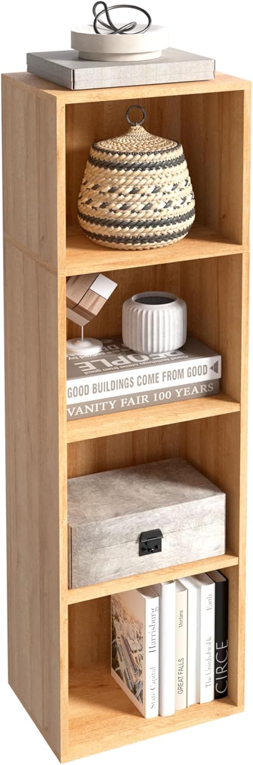Wooden 4 Cube Storage Organizer, 4 Tier Storage Cubes Storage Display Cubby, 42 Inch Tall Versatile Cubes Shelf and Cubby Organizer for Any Space (Oak, 4 Cube-W(11.8inch)