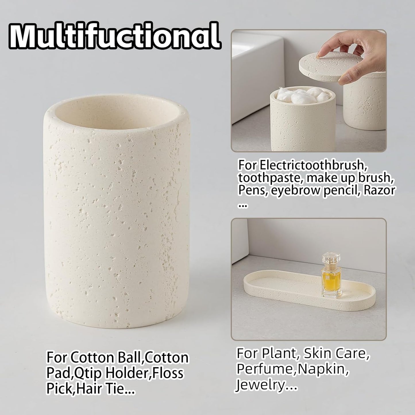 Bathroom Accessories Set, Travertine Stone-Look, 6 PCS Bathroom Accessory Set with Soap Dispenser, Toothbrush Holder, Tumbler, Vanity Tray, Cotton Swab Jars for Countertop (Off White 6 PCS)