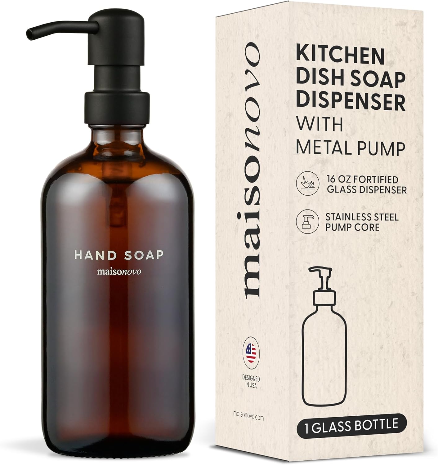 MaisoNovo Soap Dispenser 1-Piece Set | 16.9oz Amber Bottles with Black Stainless Steel Pump