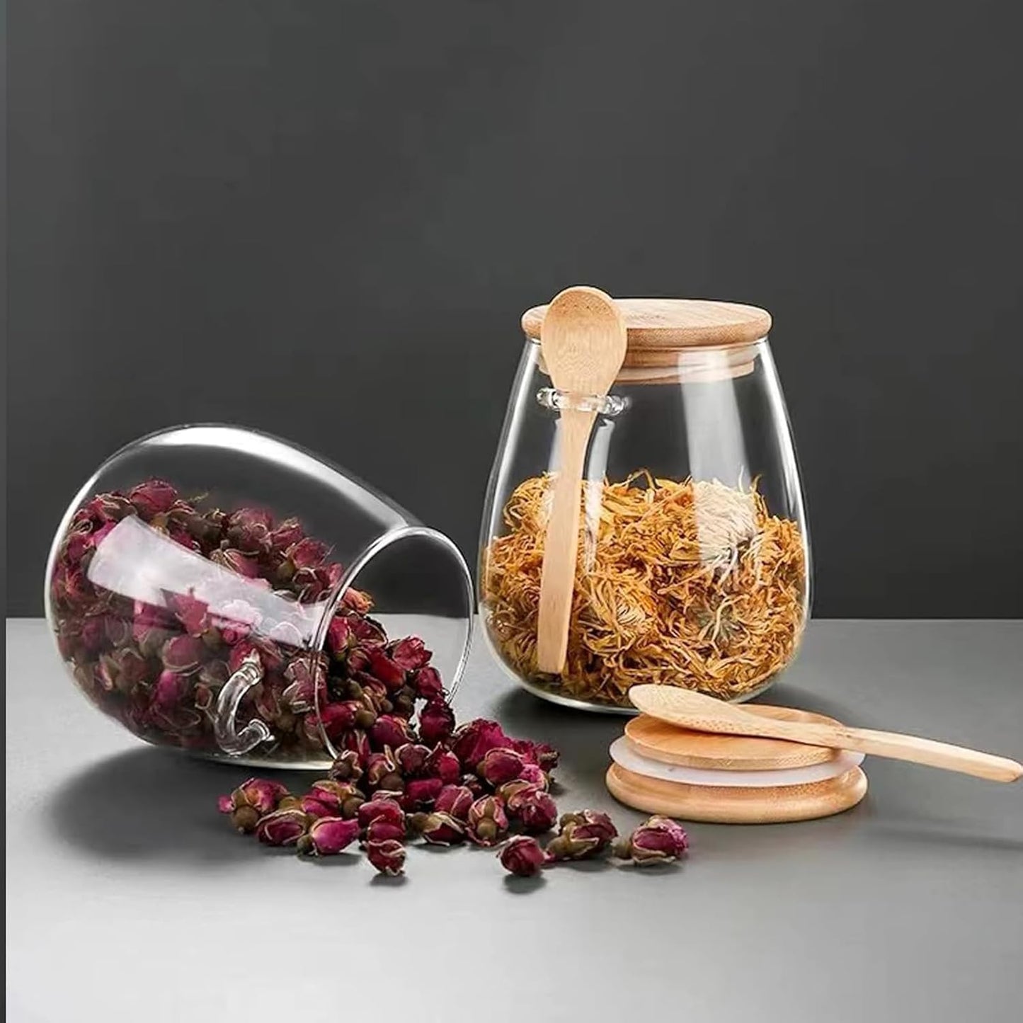 Airtight glass jar storage container with bamboo lid Set of 4, wide mouth, leak-proof, With a spoon, can be used for coffee beans, tea leaves, grains, dried fruits, etc (Large*4PCS)