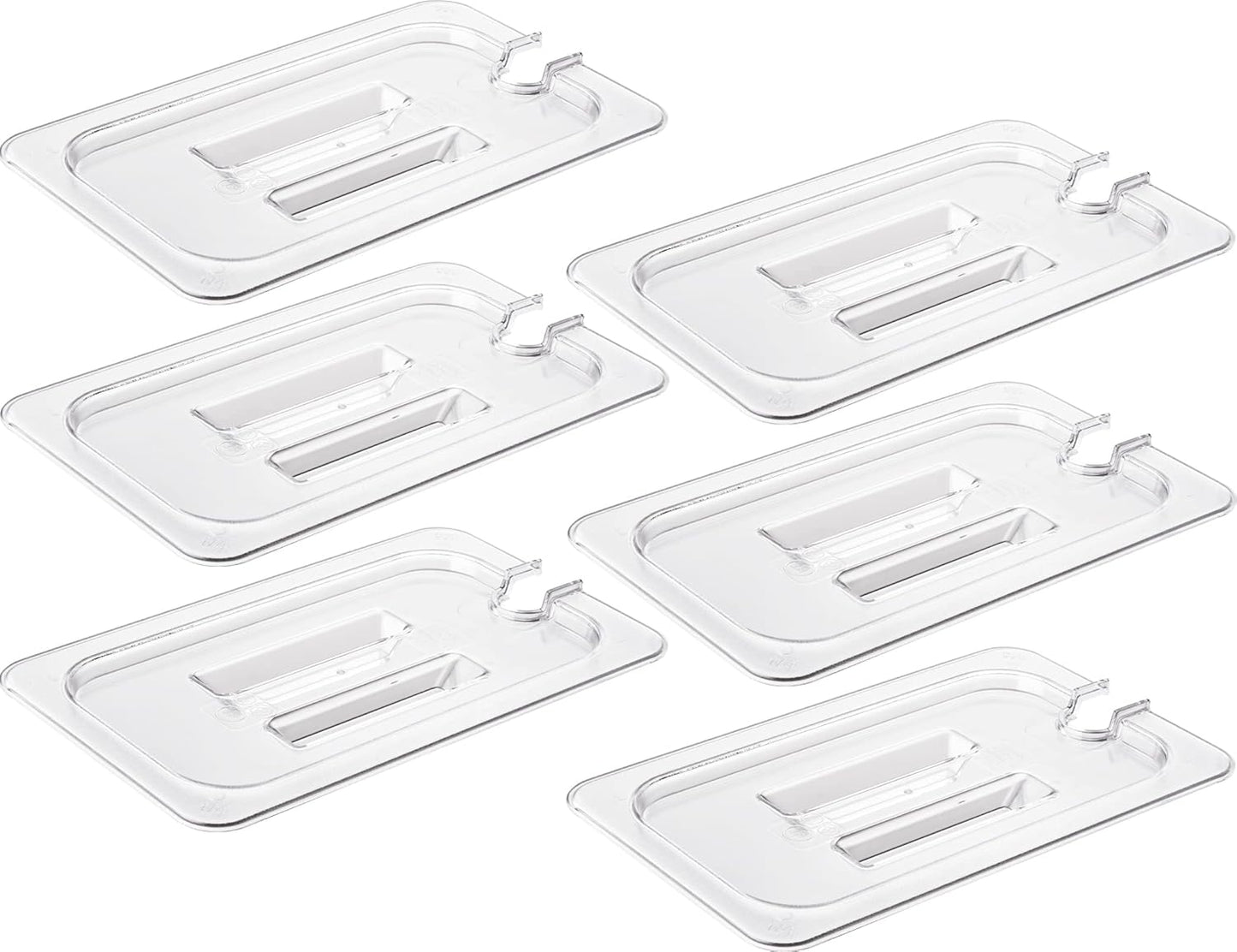 CURTA 6 Pack Food Pan Lids, 1/4 Size Polycarbonate Notched Cover with Handle, Plastic Clear