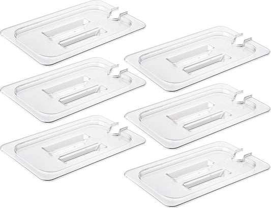 CURTA 6 Pack Food Pan Lids, 1/4 Size Polycarbonate Notched Cover with Handle, Plastic Clear