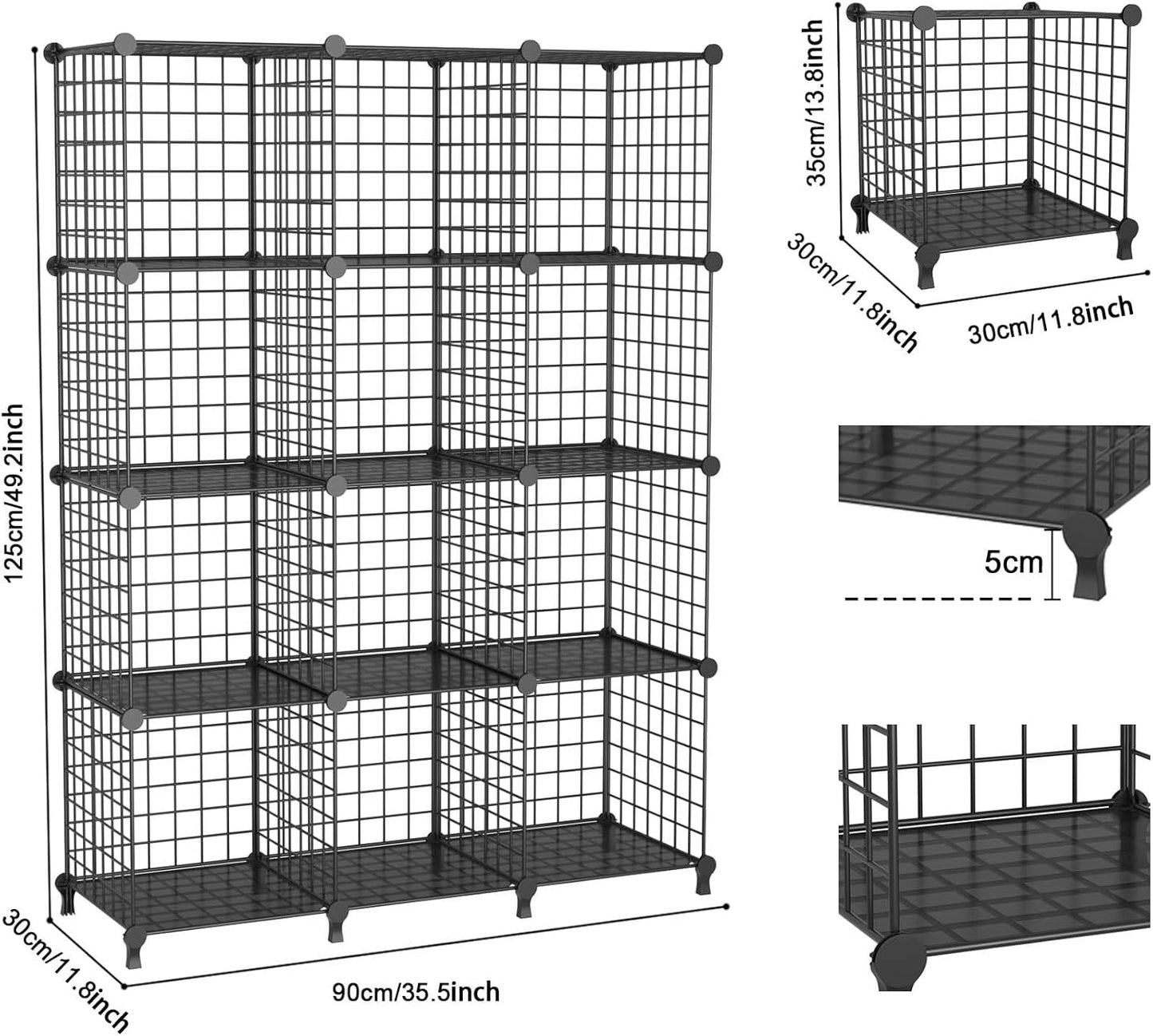 12-Cube Storage Organizer, Metal Wire Cube Shelving Unit, 11.8" L x 11.8" W x 11.8" H, Modular Grid Bookshelf for Closet, Bedroom, Office, Black ATTJL12B
