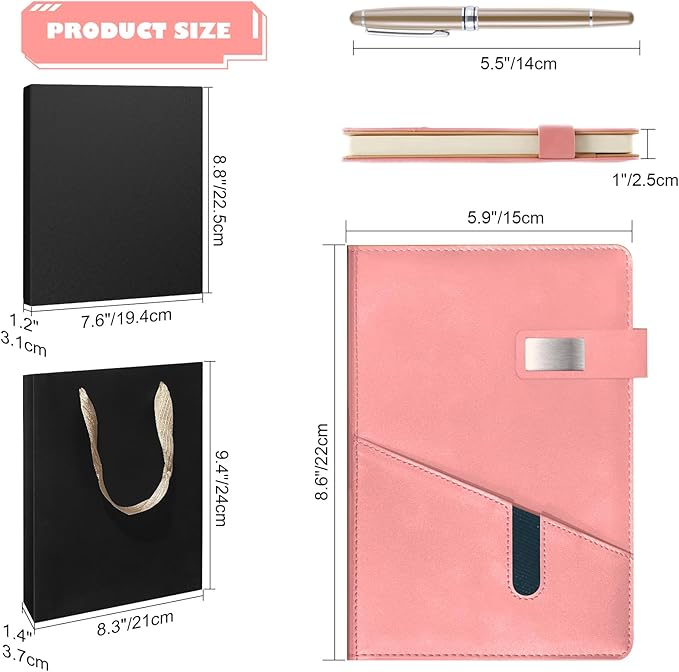 A5 Lined Leather Notebook and Pen Set with Gift Box, 243 Pages Refillable Journal with Pocket and Magnetic Buckle, Hardcover Daily Diary for Men and Women Business Travel Personal Writing- Pink
