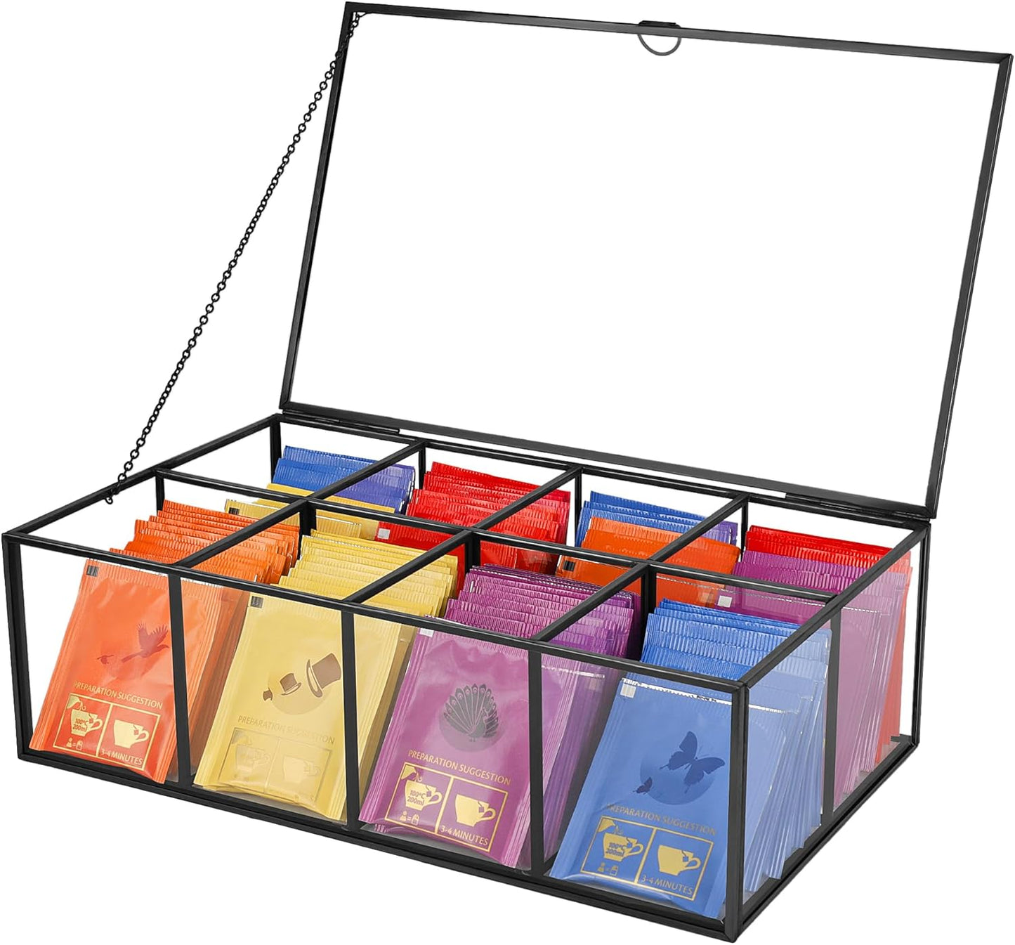 Glass Tea Bag Organizer with 8 Compartments, Handmade Large Tea Bag Storage Box for Counter Kitchen, Tea Bag Holder,Tea Storage Containers with Lid,Tea Accessories Gifts for Tea Drinkers,Black