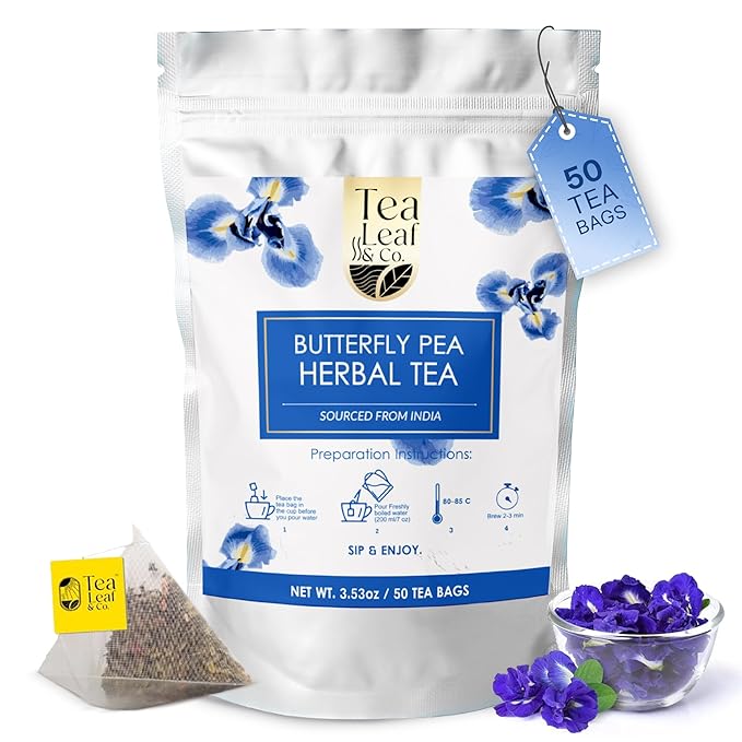 Tealeaf & Co. Butterfly Pea Herbal Tea Bags Blended with Fresh Herbs - Herbal Tea with Butterfly Pea Flower - Contains Low Caffeine - Gluten Free - 50Teabags (3.52oz/100gm)
