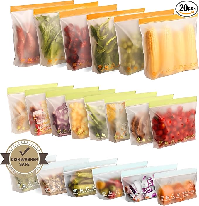 20 Pack Reusable Food Storage Bags,Leakproof Freezer Bags BPA Free Stand Up Sandwich Bags for Lunch Salad Fruit Travel,Dishwasher Safe(6 Gallon,8 Sandwich,6 Snack)
