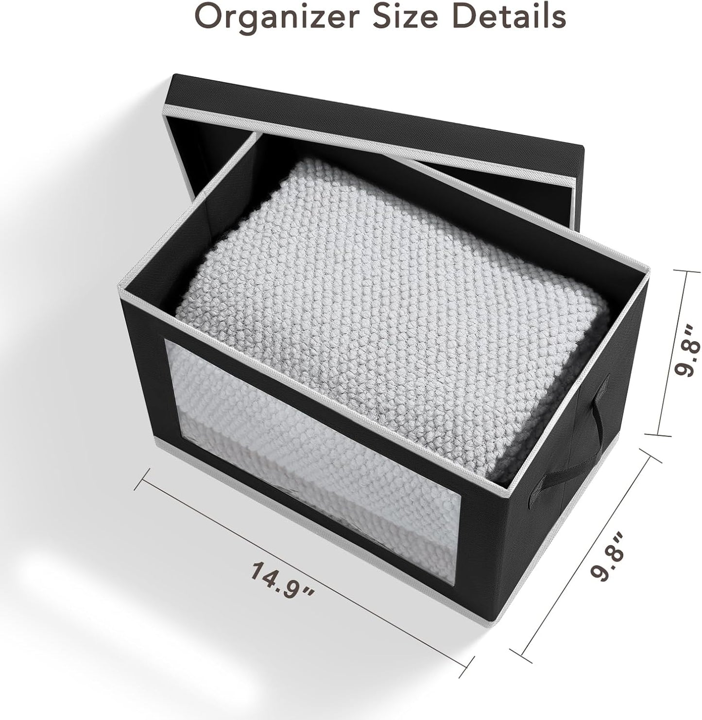 Storage Boxes with Lids - 5 Pack Foldable Clear Window Storage Bins, Large Decorative Storage Bins with Handles, Storage Containers for Clothes, Towel, Blanket, Sheet, Black