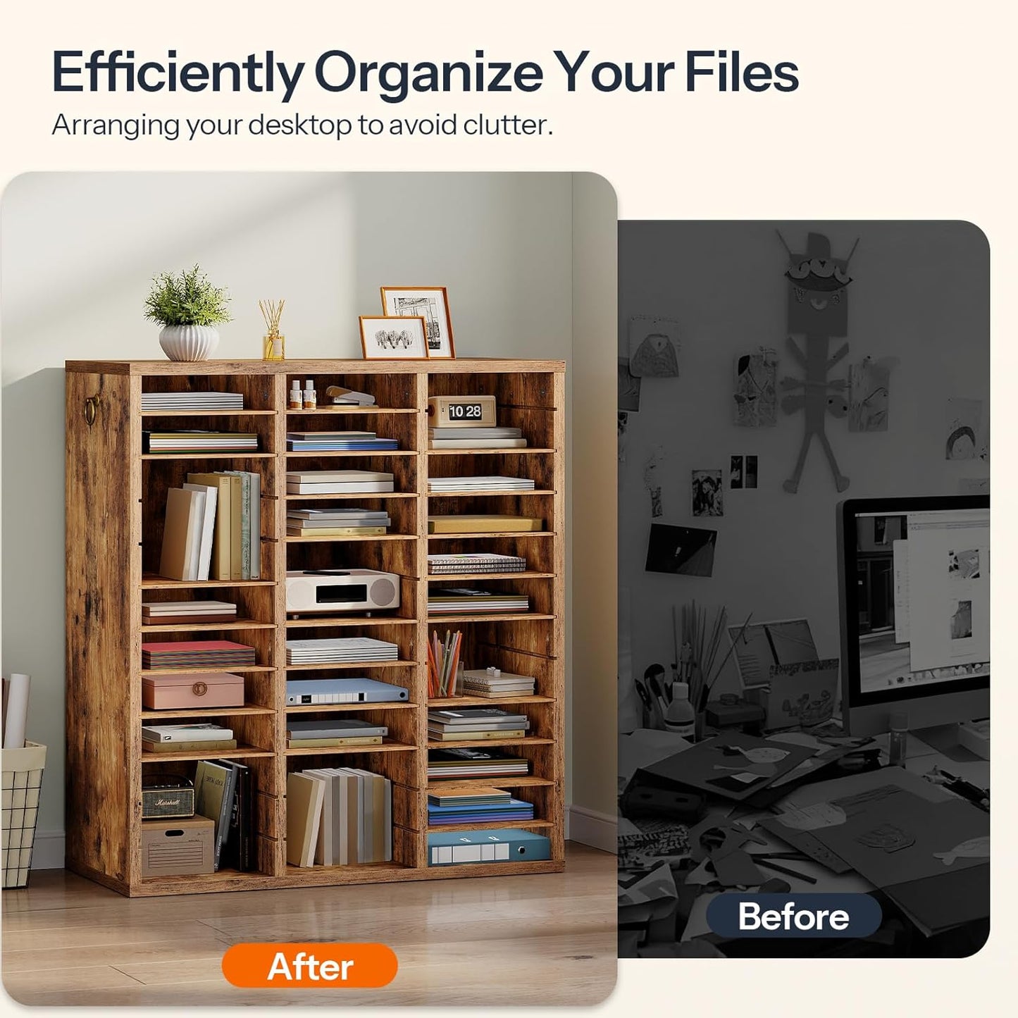HOOBRO Literature Organizer, 36Compartments Wooden Mail Organizer, Countertop Literature Sorter with Adjustable Shelves for Home, Office, School, Student Mailbox for Classroom, Rustic Brown FG123WF01