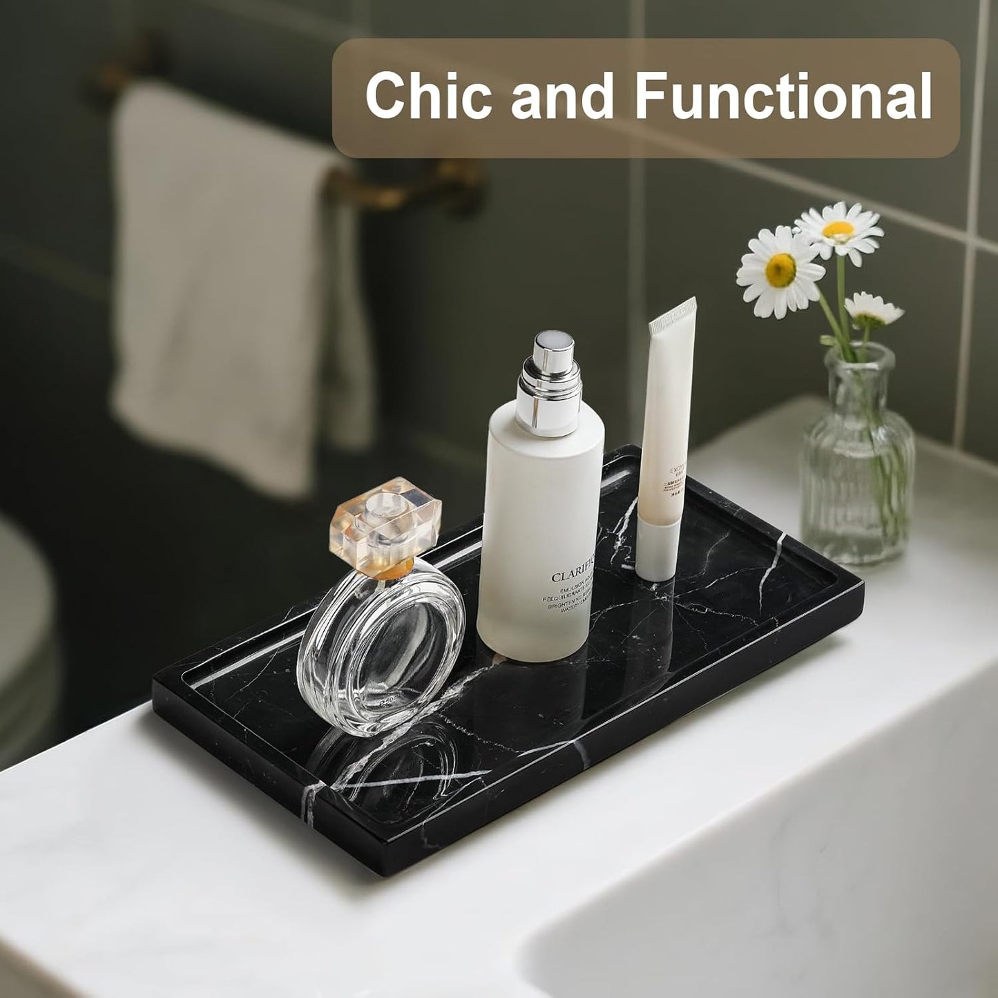 Natural Marble Vanity Tray - Moujings Genuine Marble Perfume Tray for Bathroom Decor, Stone Bathroom Vanity Organizer Tray for Kitchen Counter, Candles, Jewelry, Coffee, Makeup, Key
