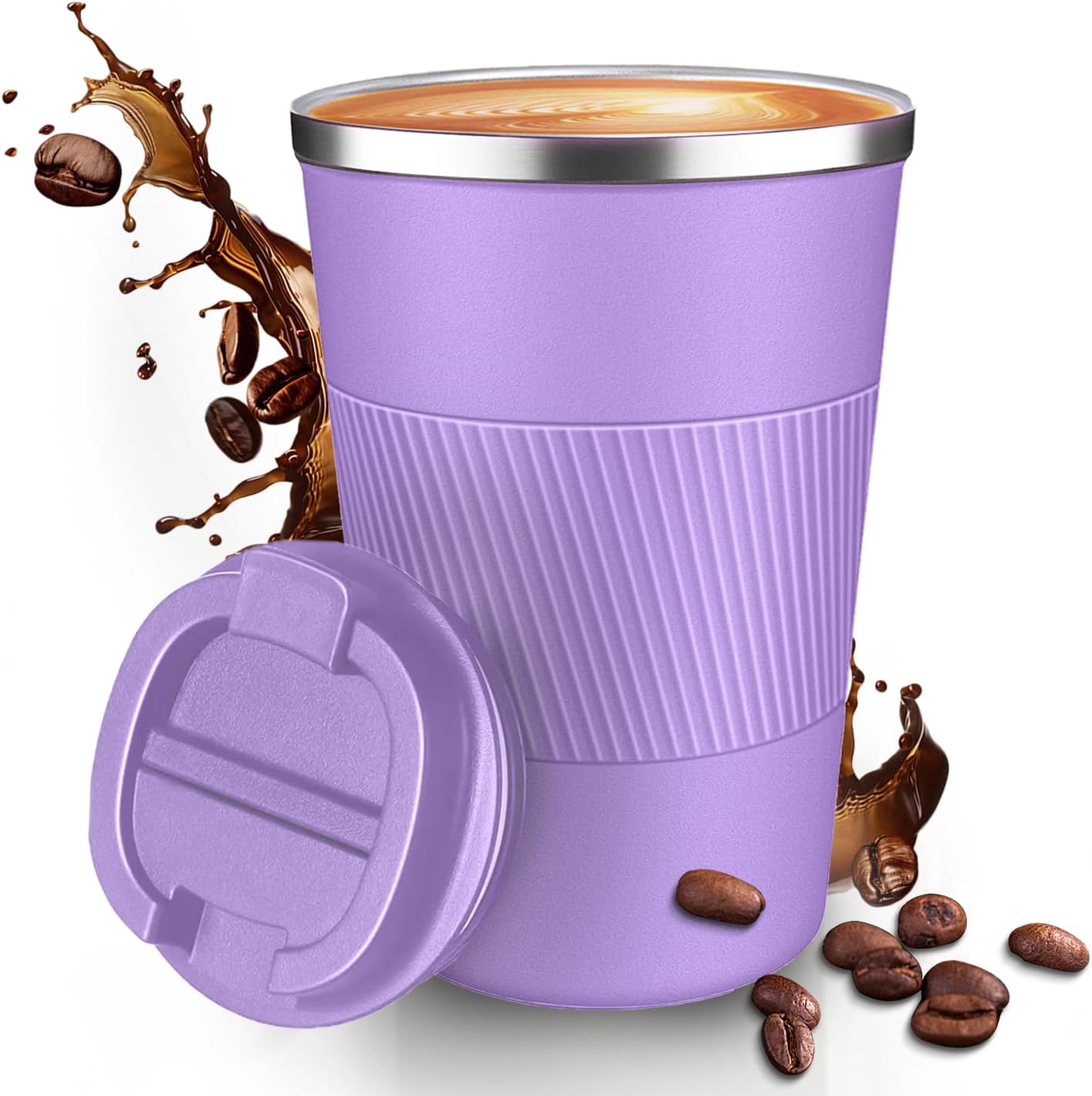 12OZ Travel Coffee Mug Insulated Coffee Cup with Spill Leak Proof Lid, Portable Stainless Steel Tumbler Reusable Hot and Cold Water Mug for Car, Daily, Camping- Purple