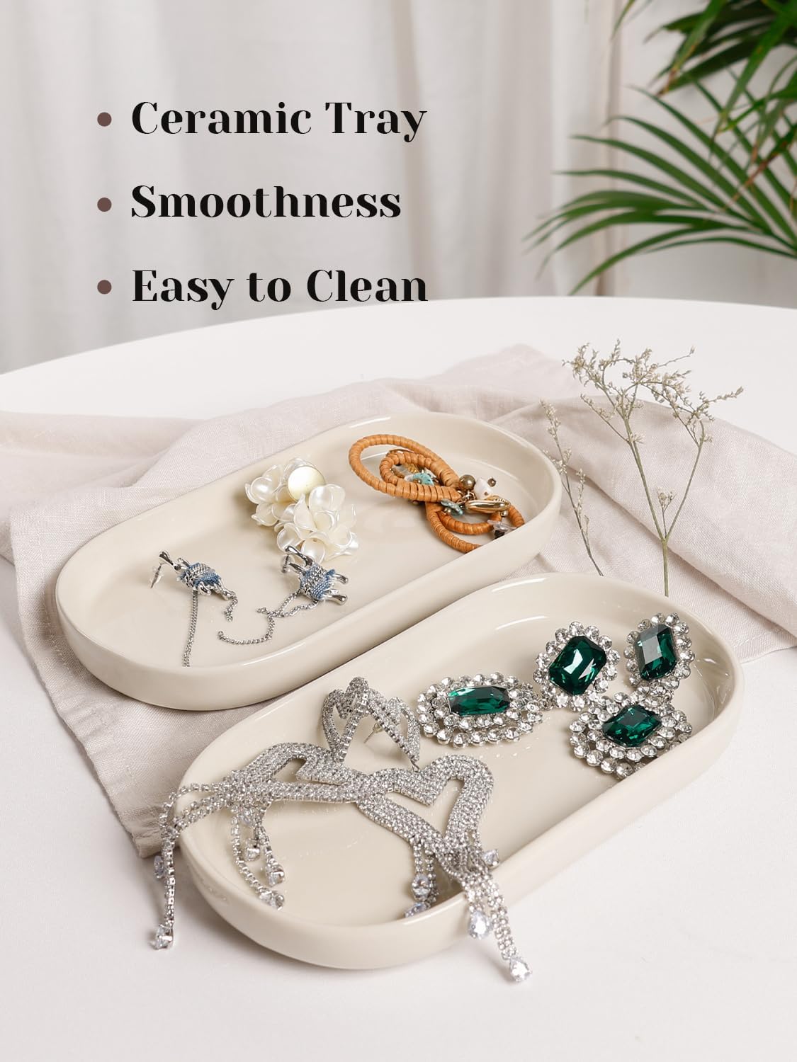 INGOFIN 7" Ceramic Bathroom Vanity Tray Set- 2 Pcs Bathroom Organizer Countertop Tray for Perfume, Jewelry, Small Kitchen Counter Soap Tray, Decorative for Bathroom Vanity and Toilet Tank, Beige