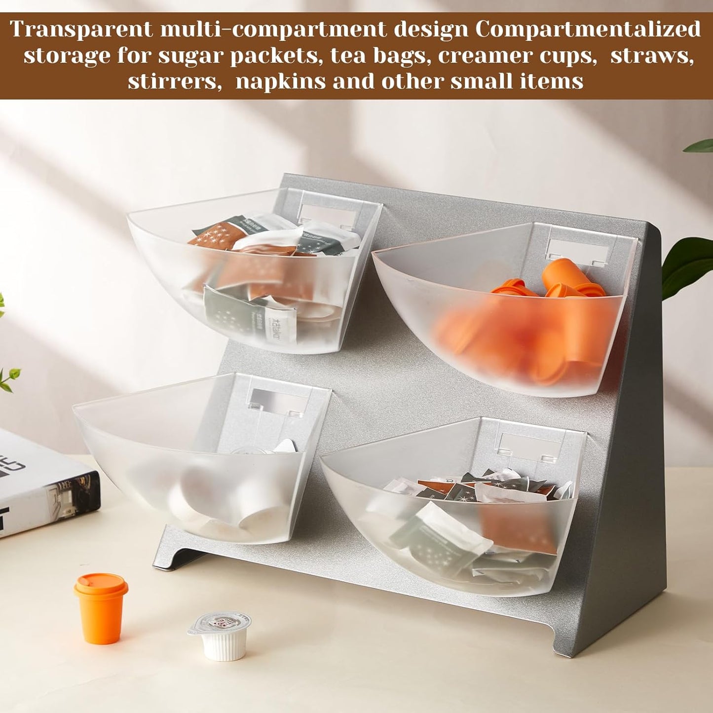 15.5 x 10 x 10.5 Inch Coffee Accessory Caddy with 4 Removable Compartments Steel Condiment Organizer Condiment Packet Sugar Holder for Bar Countertop Break Room Home Kitchen (Silver)
