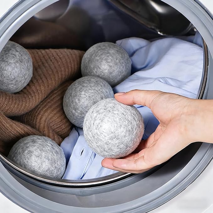6 Pack Wool Dryer Balls Laundry Reusable Anti Static, Cotton Balls Wool Laundry Balls for Dryer Reduces Clothing Wrinkles Natural Fabric Softener Last 1000+ Loads (Grey, 2.75 in/7 cm)