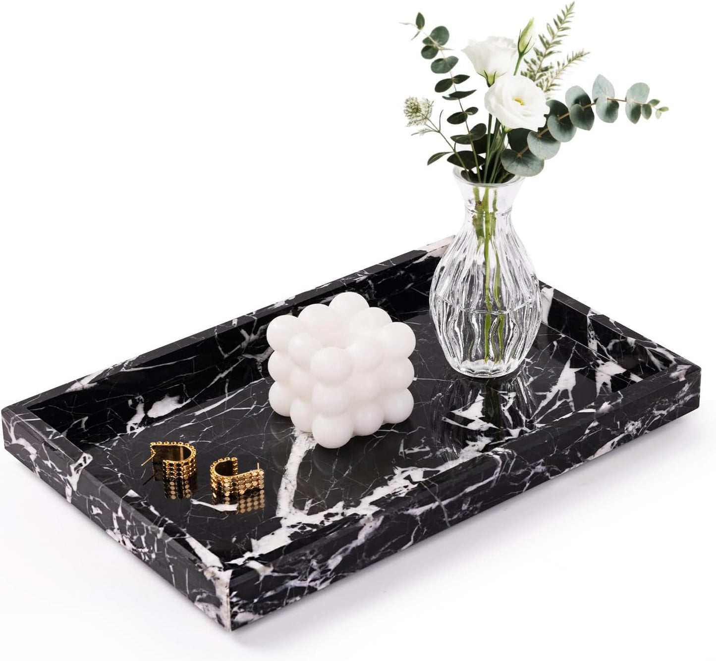 Marble Bathroom Tray for Countertop & Home Decor, Natural Decorative Marble Tray for Jewelry & Perfume Organizer, Luxury Stone Vanity Trays for Dresser, Kitchen Counter, 12" x 8", Black