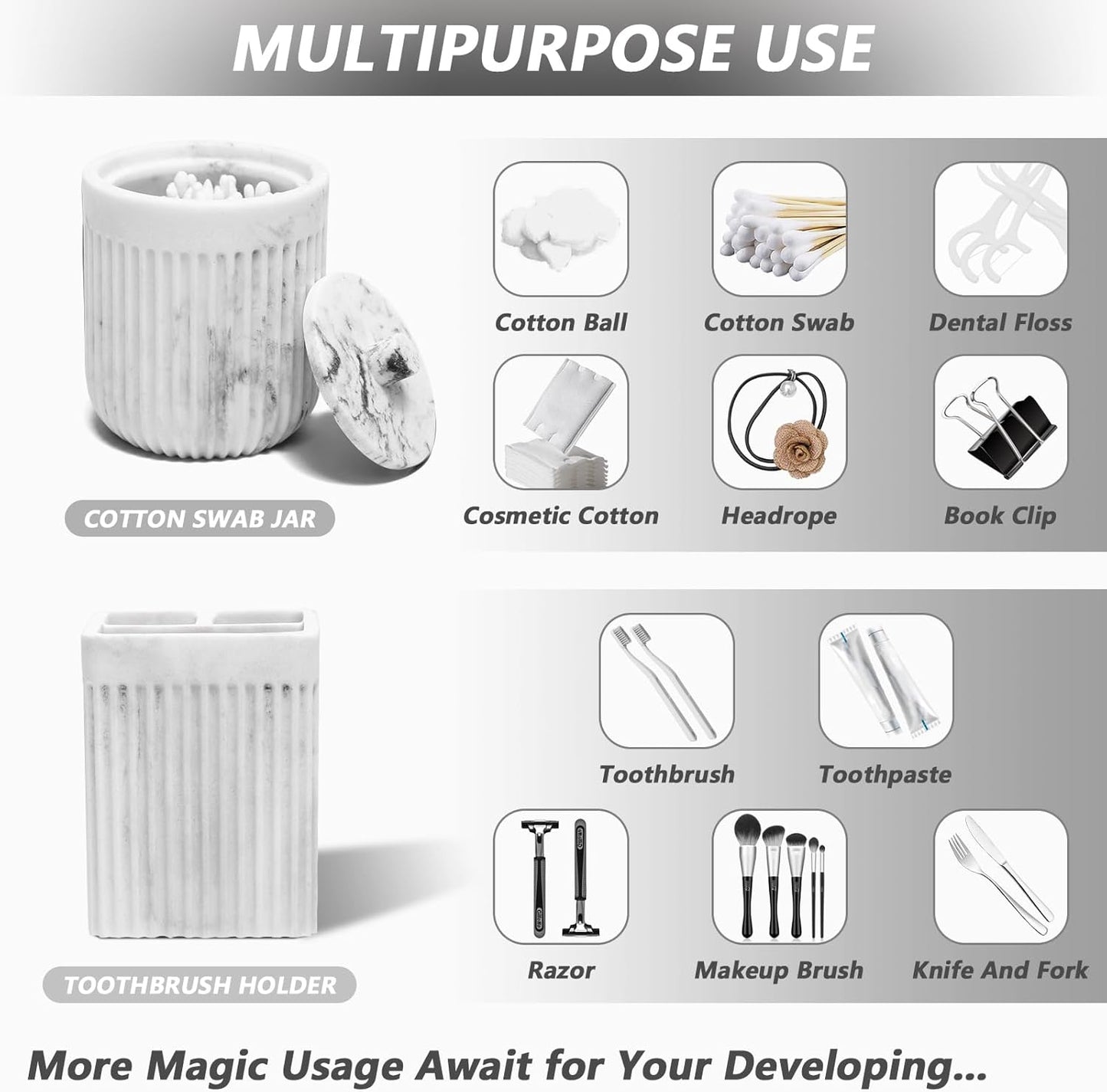 Resin White Marble Bathroom Accessories Set 5 Pcs, Lotion Soap Dispenser, Toothbrush Holder, Bathroom Tumbler, Qtip Holder and Vanity Tray, Bathroom Countertop Organizer Set for Home Apartment