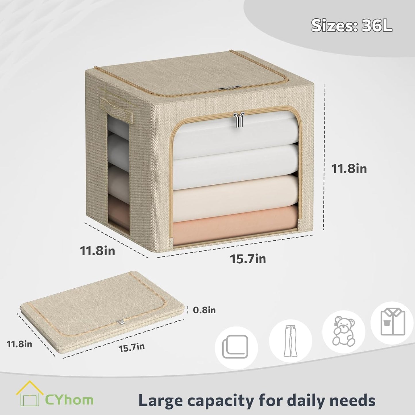 CYhom Clothes Storage Bins Box - Linen Fabric Foldable Stackable Container Organizer Set with Clear Window & Carry Handles & Metal Frame for Bedding, Blankets, Books (Beige, Medium-36L)
