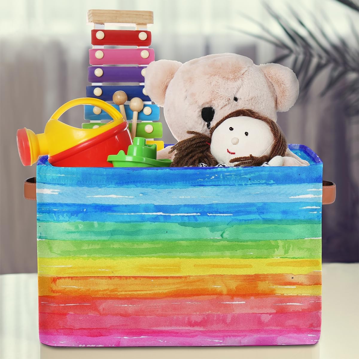 Watercolor Rainbow Storage Basket for Shelves, Storage Bins with Handles, Collapsible Basket for Organizing, Closet Toy Baskets for Nursery Room, 15x11x9.5 in, Canvas, Rainbow Colored
