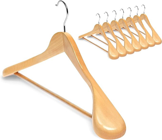 Coat Hanger 8-Pack, MEQUTION Wood Hangers Trouser Hangers Extra Wide Shoulder Wooden Hangers for Heavy Coat, Sweater, Skirt, Suit, Pants, Retro Finish (Natural)