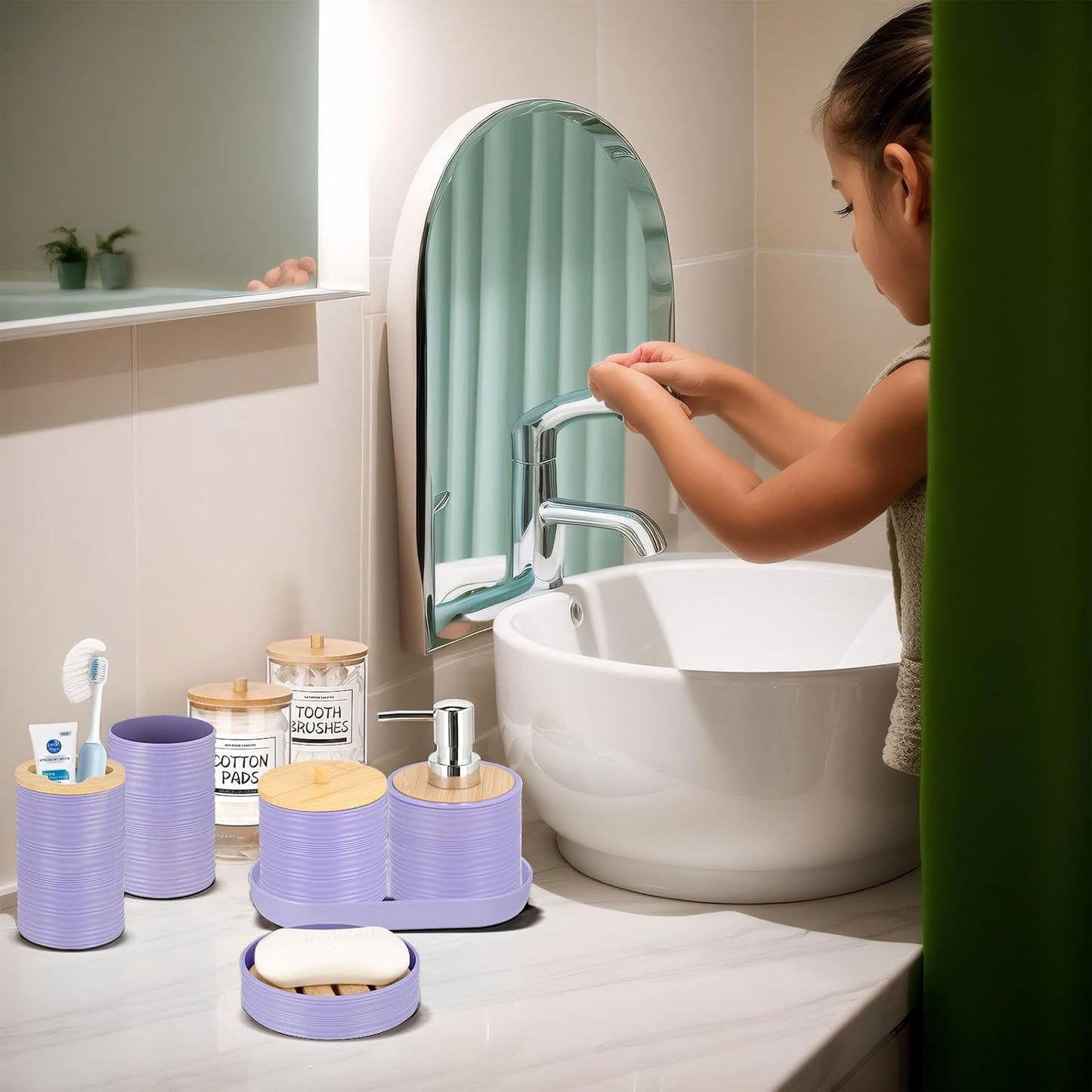 IMAVO Bathroom Accessory Set-11Pcs Purple Bathroom Accessories Set with Trash Can,Soap Dispenser,Soap Dish,Toothbrush Holder,Toothbrush Cup,Toilet Brush Set ,Qtip Holder Dispenser with Labels