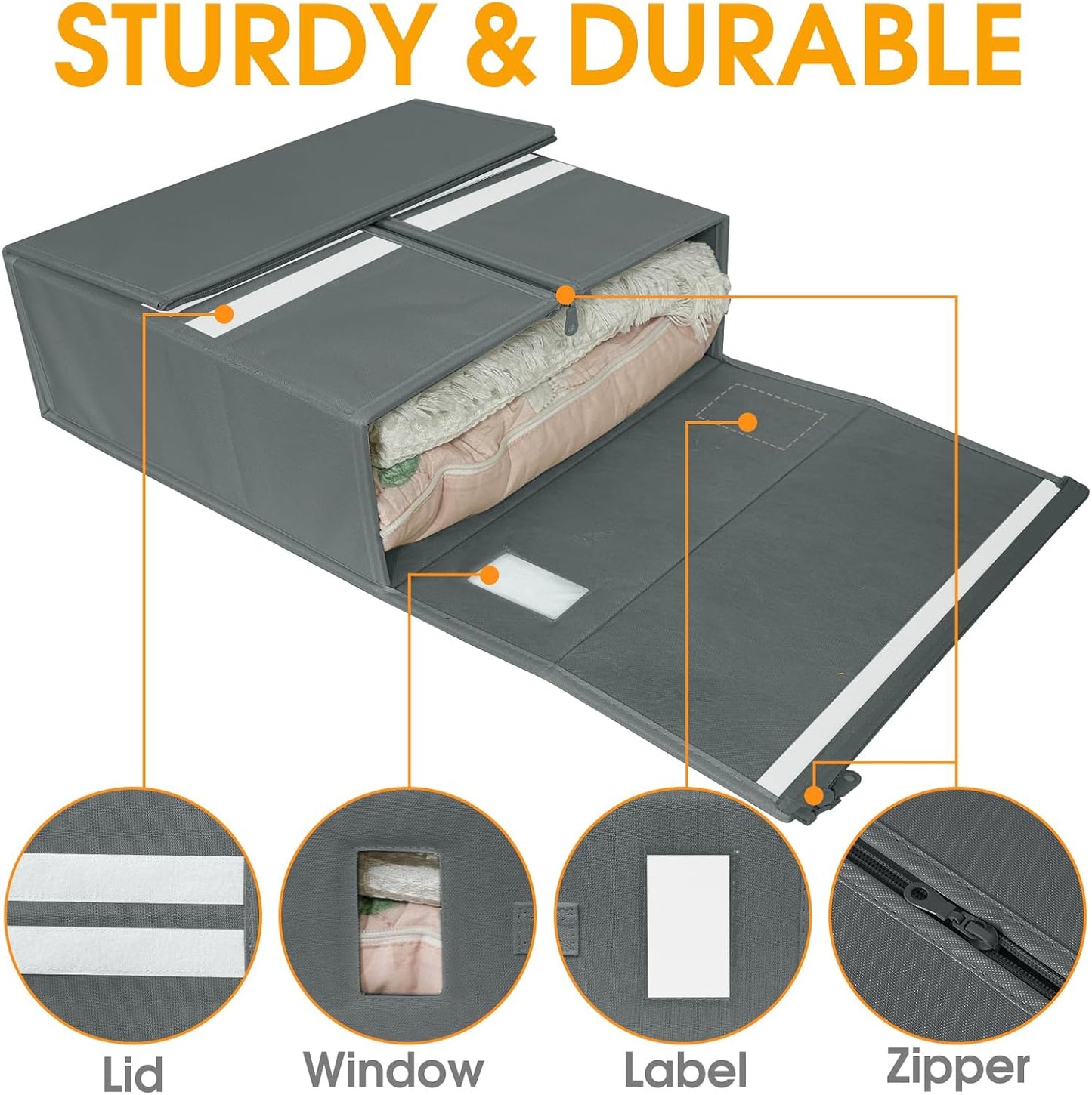 4C'Son Foldable DOUBLE ZIPPERS Bed Sheet Organizer, Fabric Storage Bins for Bed Sheets, Linen Bedding Organizer for Closet with Window and EXTRA STURDY handle (4 PACK - GRAY)