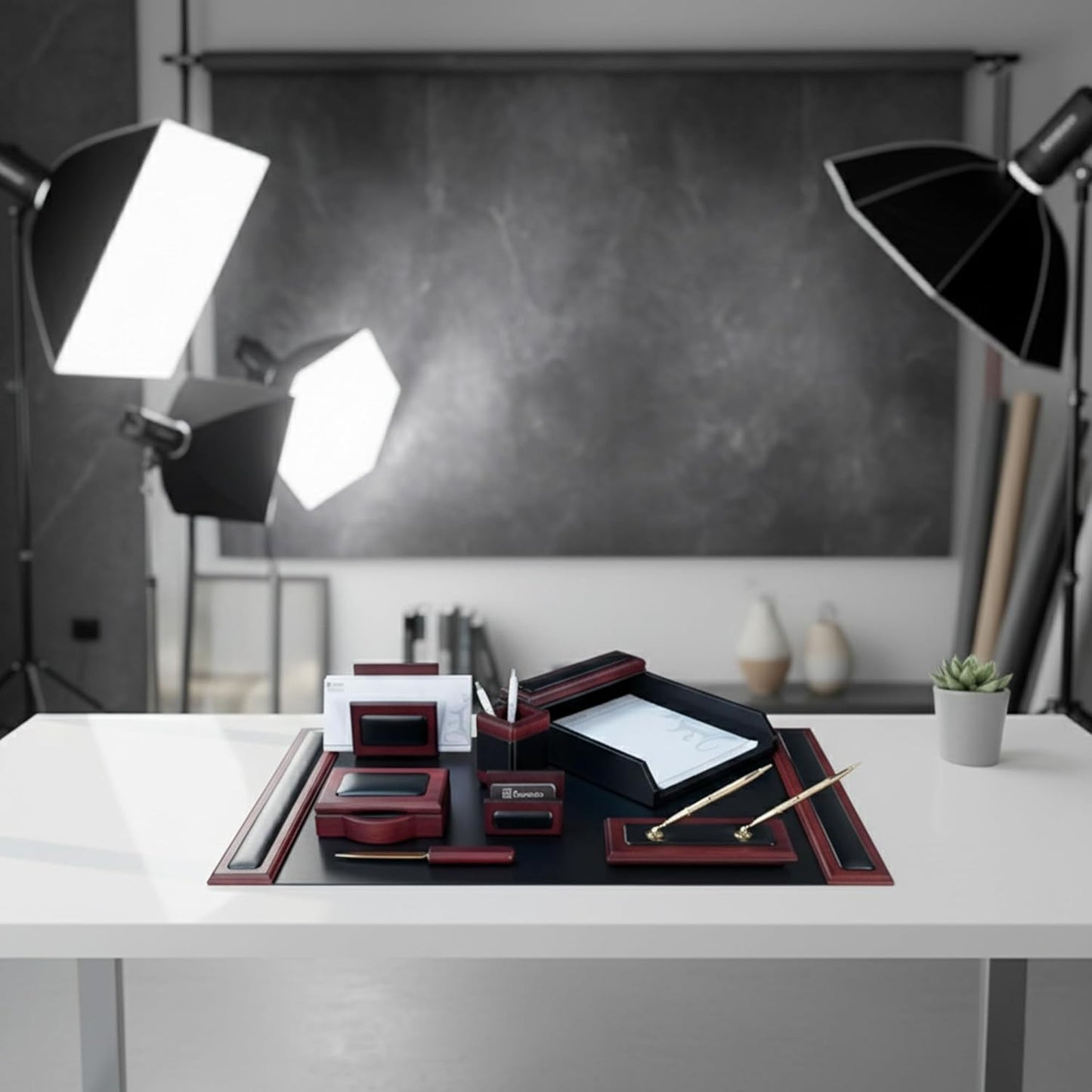 Dacasso Rosewood and Leather Desk Set, 8-Piece