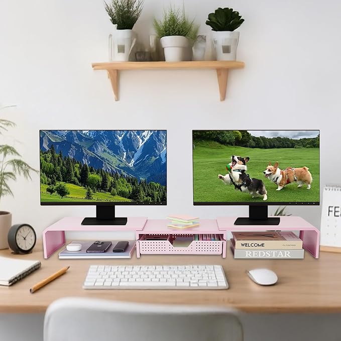 Dual Monitor Stand Riser with Drawer, Desk Organizer and Accessories, Pink Monitor Stand for Desk, Desktop Stand for Computer, Laptop, TV and More (Pink)